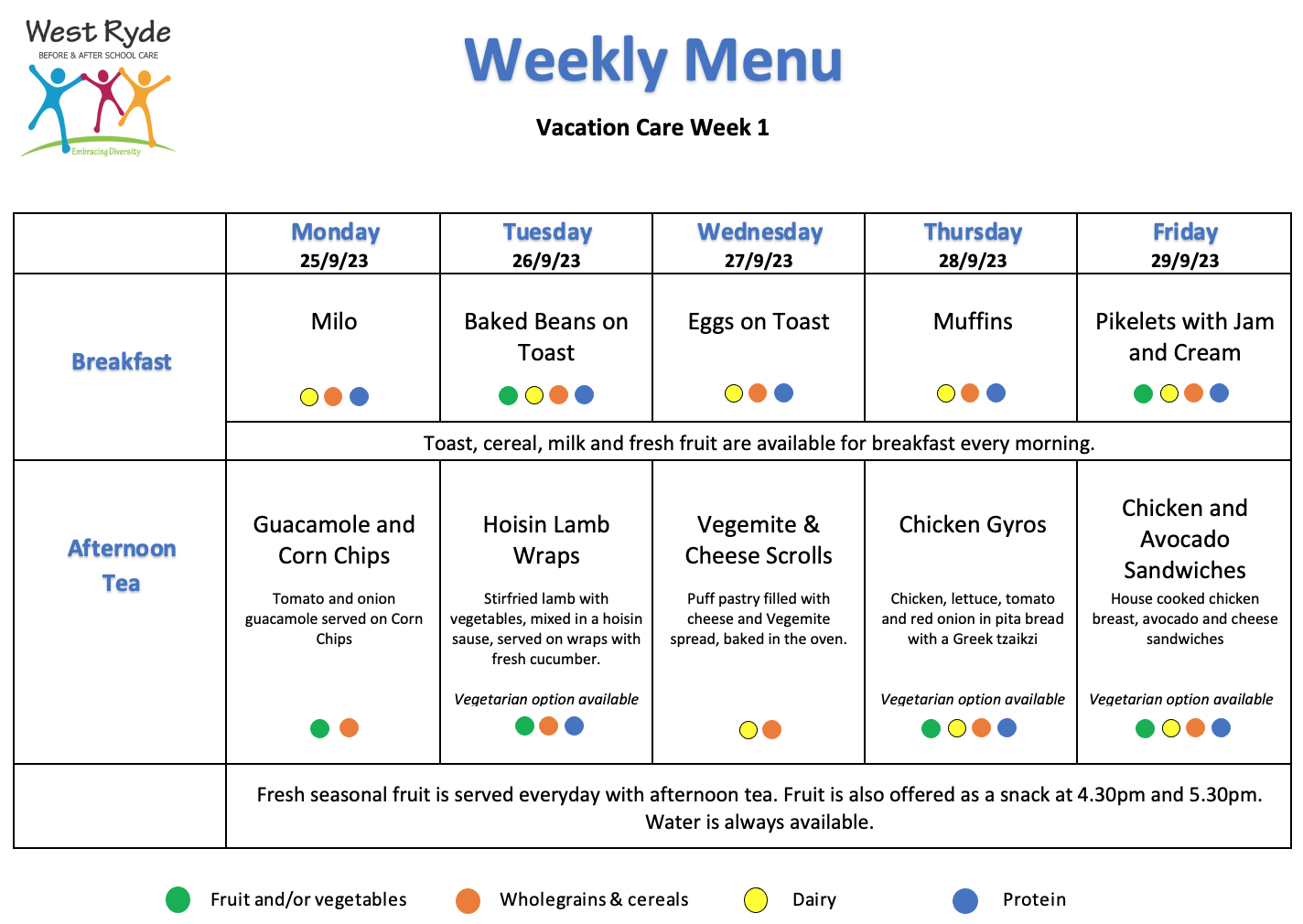 West Ryde Before & After School Care Inc. - West Ryde BASC Menu